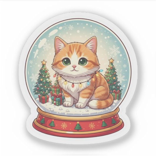 スノーグローブの猫のマジカルクリスマス冬ステッカー シール (正面)
