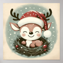 スノーグローブキッズルームウォールアートと可愛いトナカイ ポスター