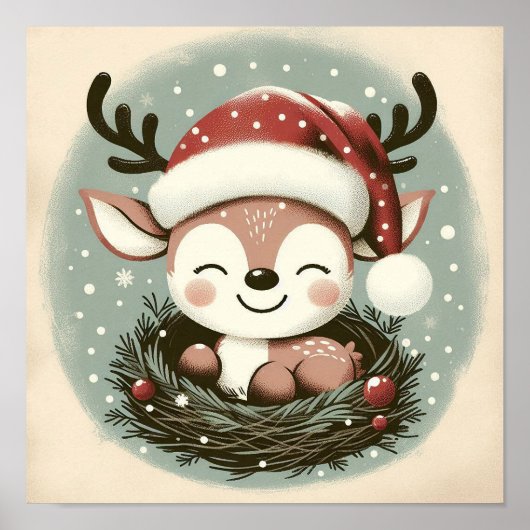 スノーグローブキッズルームウォールアートと可愛いトナカイ ポスター (正面)