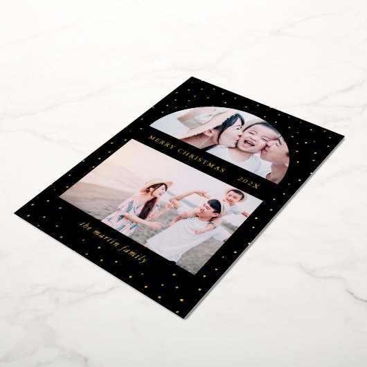 スノーグローブクリスマスツーフォトブラック 箔シーズンカード (回転した状態)