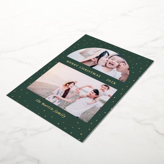 スノーグローブクリスマスツー写真グリーン 箔シーズンカード (回転した状態)