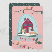 スノーグローブクリスマスハウス&カーピンク写真 シーズンカード (正面/裏面)