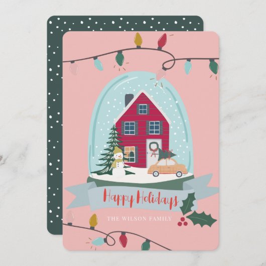 スノーグローブクリスマスハウス&カーピンク写真 シーズンカード (正面/裏面)