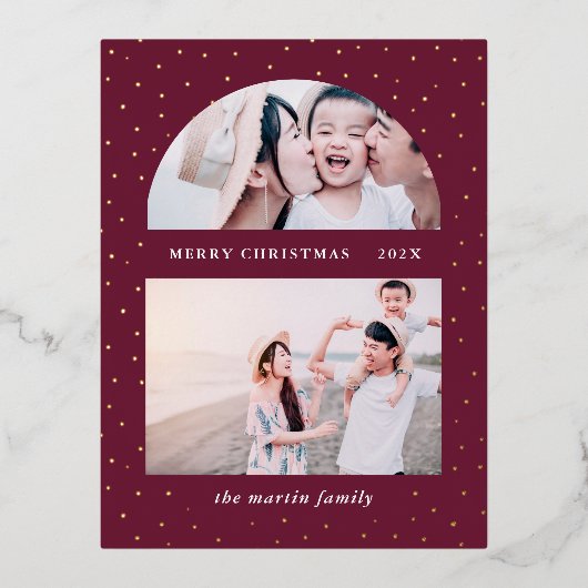 スノーグローブクリスマスフォトパープル 箔シーズンポストカード (正面)