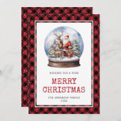 スノーグローブサンタレッドプレイドメリークリスマスカード シーズンカード (正面/裏面)