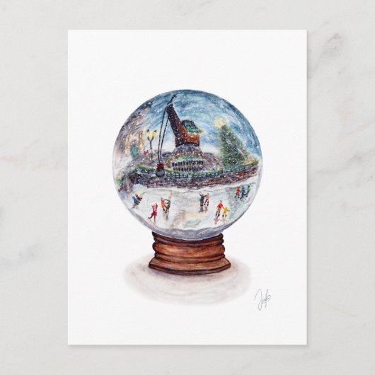 スノーグローブシーンアイスクレーンの下のスケートで滑る ポストカード (正面)