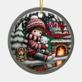 スノーグローブヴィーベ：ダシュンド暖炉のシーン セラミックオーナメント