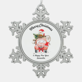 スノーサンタトラック メリークリスマス スノーフレークピューターオーナメント