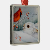 スノーシューウサギ&レッド(鳥)ショウジョウコウカンチョウバードウォーター色アート メタルオーナメント (右)
