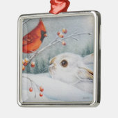 スノーシューウサギ&レッド(鳥)ショウジョウコウカンチョウバードウォーター色アート メタルオーナメント (左)