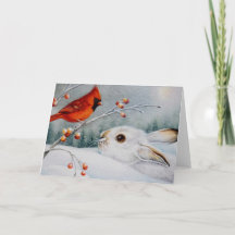 スノーシューウサギ&レッド（鳥）ショウジョウコウカンチョウ鳥水彩画