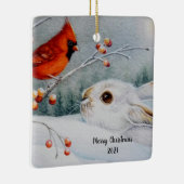 スノーシューウサギ&（鳥）ショウジョウコウカンチョウバードウォーター色アートサー セラミックオーナメント (右)