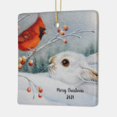 スノーシューウサギ&（鳥）ショウジョウコウカンチョウバードウォーター色アートサー セラミックオーナメント (左)