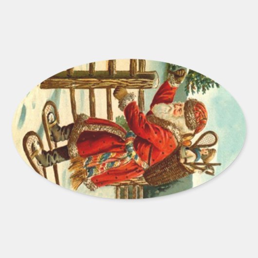 スノーシューズギフトにビンテージクリスマスサンタのステッカー 楕円形シール (正面)
