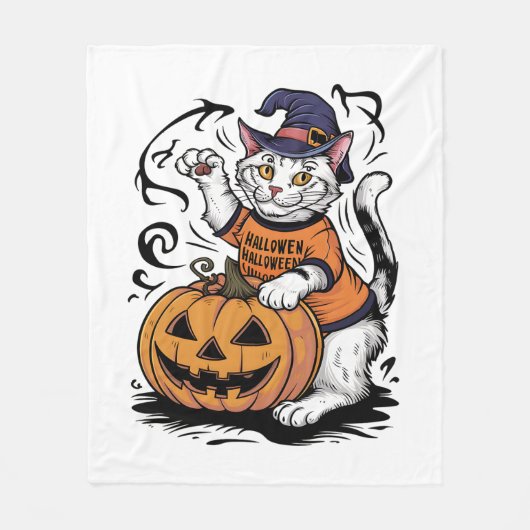 スノーシュー猫かわいいハロウィンウィッチカボチャ フリースブランケット (正面)