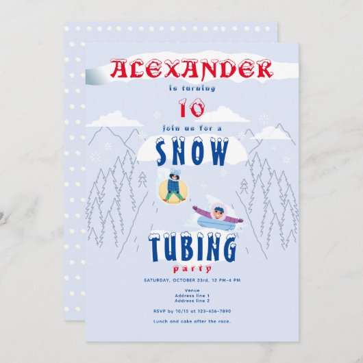 スノーチュービングレースウィンタースポーツ誕生日パーティー 招待状 (正面/裏面)