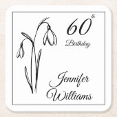 スノードロップの花をあしらった60歳の誕生日 ブラック&ホワイト スクエアペーパーコースター (正面)
