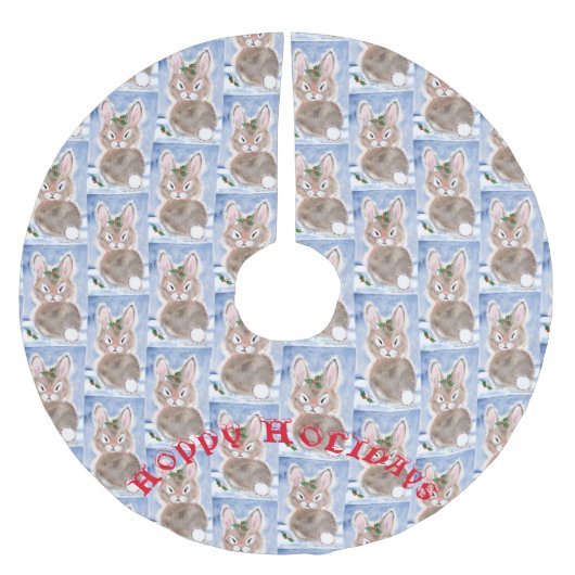 スノーバニーラビットクリスマスツリースカートブルーホワイト ブラッシュドポリエステルツリースカート (正面)