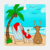 スノーバードクリスマスサンタトナカイオンビーチ  メタルオーナメント (正面)