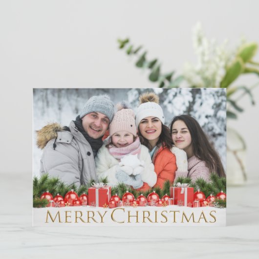 スノーパッケージズ金ゴールドメリークリスマスウィンターイフォト シーズンカード (スタンド正面)