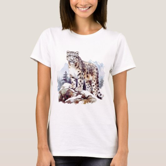 スノーヒョウ冬山大きな猫野生動物 Tシャツ (正面)