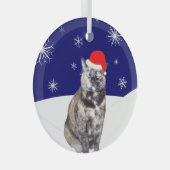 スノーヒルズとサンタハットのカメ猫 ガラスオーナメント (正面右)