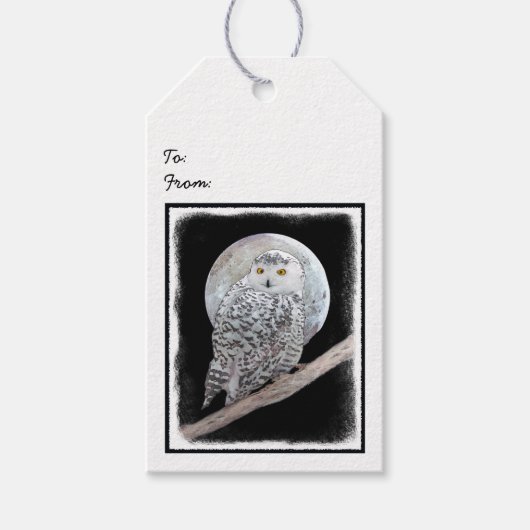 スノーフクロウと月絵画のオリジナル- Bird Art ギフトタグ (正面)