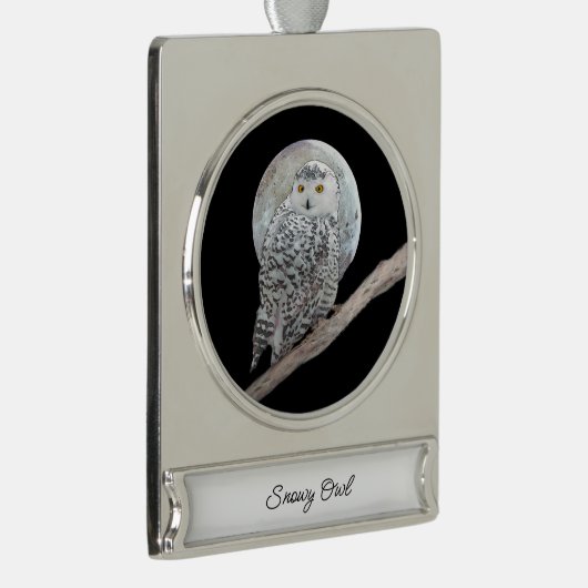 スノーフクロウと月絵画のオリジナル- Bird Art シルバープレートバナーオーナメント (右)