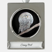 スノーフクロウと月絵画のオリジナル- Bird Art シルバープレートバナーオーナメント (正面)