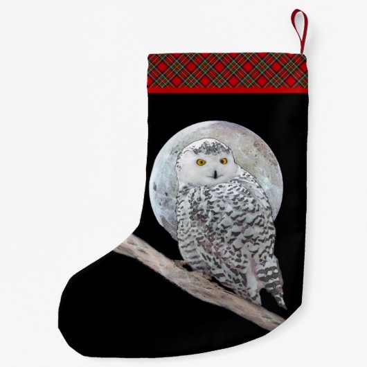 スノーフクロウと月絵画のオリジナル- Bird Art スモールクリスマスストッキング (裏面)