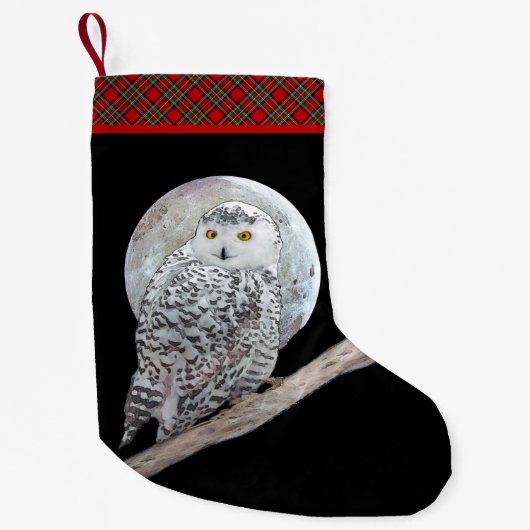 スノーフクロウと月絵画のオリジナル- Bird Art スモールクリスマスストッキング (正面)