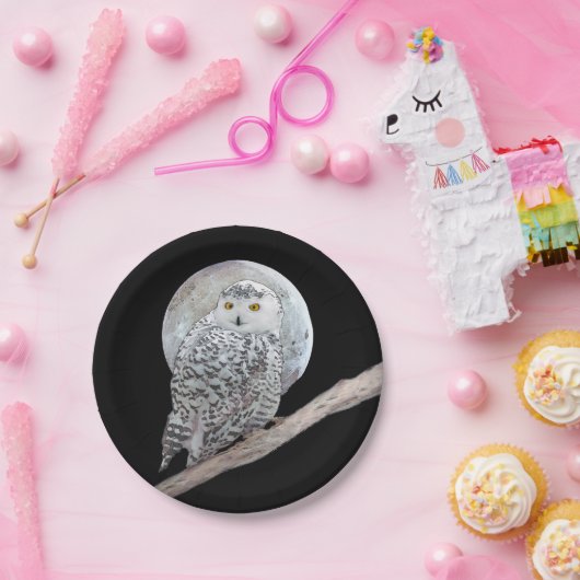 スノーフクロウと月絵画のオリジナル- Bird Art ペーパープレート (パーティー)