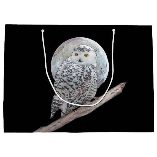スノーフクロウと月絵画のオリジナル- Bird Art ラージペーパーバッグ (裏面)