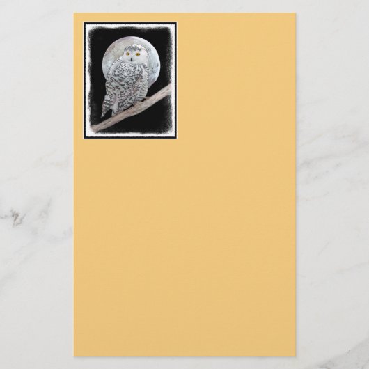 スノーフクロウと月絵画のオリジナル- Bird Art 便箋 (正面)