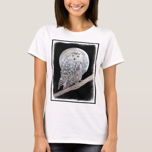 スノーフクロウと月絵画のオリジナル- Bird Art Tシャツ (正面)