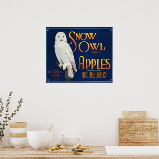 スノーフクロウりんごヴィンテージクレートラベル ポスター (キッチン)
