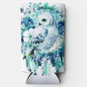 スノーフクロウドリームキャッチャーグリーンとティール（緑がかった色）ブルーフローラ スリム缶クーラー (正面)