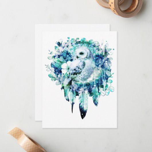 スノーフクロウドリームキャッチャーグリーンとティール(緑がかった色)ブルーフローラ ノートカード (正面/裏面インサイチュ)