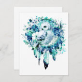 スノーフクロウドリームキャッチャーグリーンとティール(緑がかった色)ブルーフローラ ノートカード (正面/裏面)