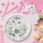 スノーフクロウ冬の緑のユーカリ金ゴールドシャワー ペーパープレート (パーティー)