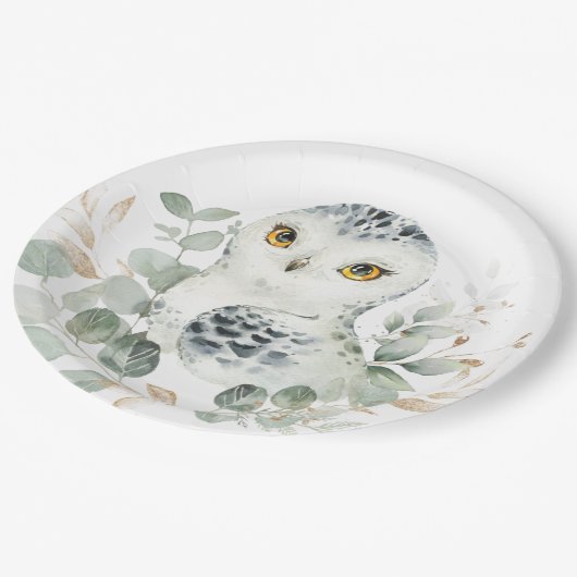 スノーフクロウ冬の緑のユーカリ金ゴールドシャワー ペーパープレート (アングル)