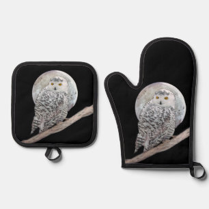 スノーフクロウ絵を描とムーンのオリジナル野鳥アート 鍋つかみ&鍋敷きセット