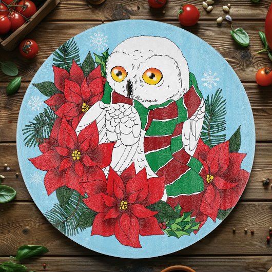 スノーフクロウ赤ポインセティアス・クリスマス カッティングボード