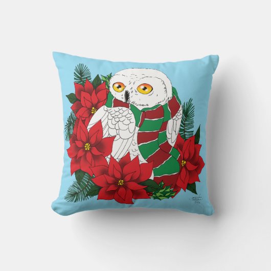 スノーフクロウ赤ポインセティアス・クリスマス クッション (正面)