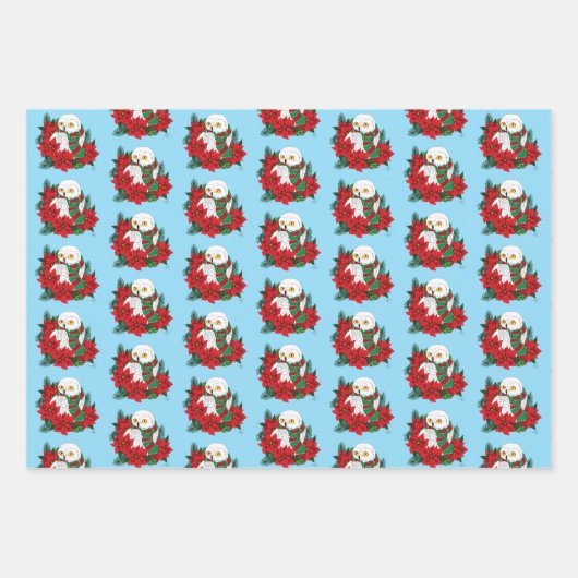 スノーフクロウ赤ポインセティアス・クリスマス ラッピングペーパーシート (正面2)