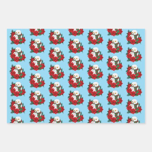 スノーフクロウ赤ポインセティアス・クリスマス ラッピングペーパーシート (正面)