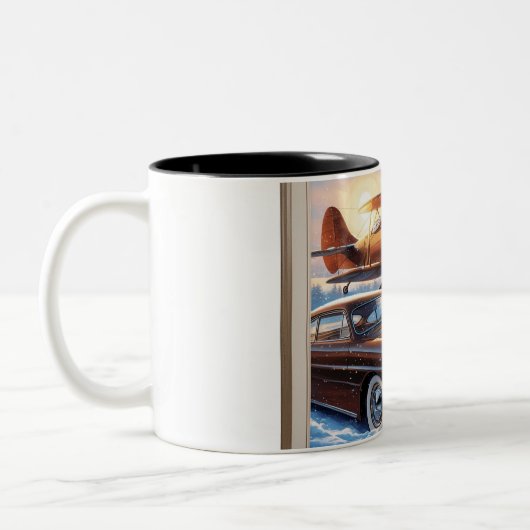 スノーフクロウ、飛行機、ヴィンテージカー ツートーンマグカップ (左)