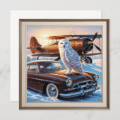 スノーフクロウ、飛行機、ヴィンテージカー 招待状 (正面/裏面)