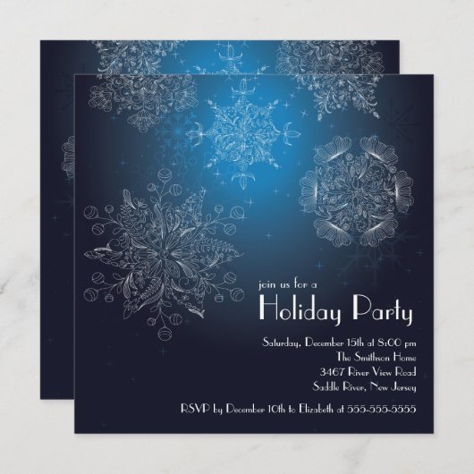スノーフレエレガントークスクリスマスホリデーパーティーブルー 招待状 (正面/裏面)