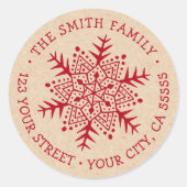 スノーフレークお洒落クラフトルックレッド差出人住所 ラウンドシール (正面)